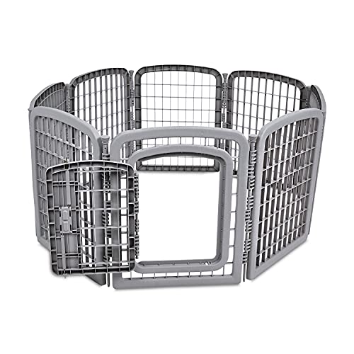 Amazon Basics 8-Panel Octagonal Plastic Dog Playpen, Indoor/Outdoor Pet Fence with Gate, Exercise Pen for Puppies and Small Animals, 28 inches, Grey - color: Grey, size: 28-Inch
