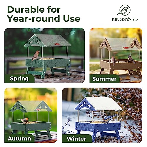 Kingsyard Covered Platform Ground Bird Feeder for Outdoors, Green | Rain-Resistant Roof, Weather-Resistant Recycled Poly Lumber, Metal Mesh Bottom, Foldable Legs, Tool-Free Assembly - color: Green