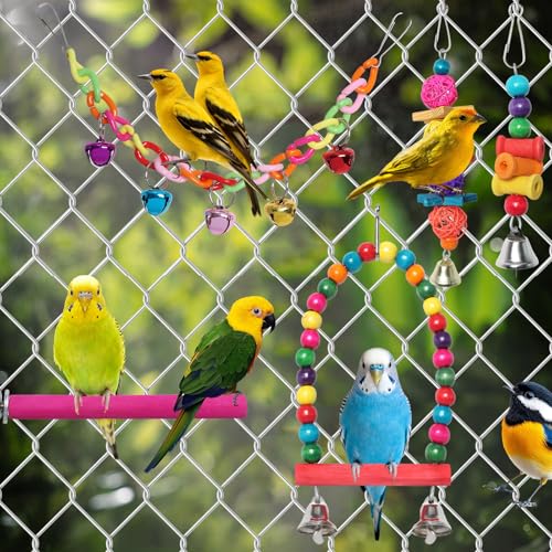 Bird Toys for Conures with Colorful Hammock Bird Cage Accessories Wooden Perch Stand Hanging Bell Birds Chewing Toys for Parrot Parakeet Budgerigar Cockatiel Lovebirds