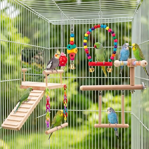 13 Pcs Bird Parakeet Toys, Bird Perch Platform Swing Mirror Ladder with 360° Spin Function, Hanging Parakeet Swing Birds Cage Accessories Toys for Cockatiel Lovebird Parrot