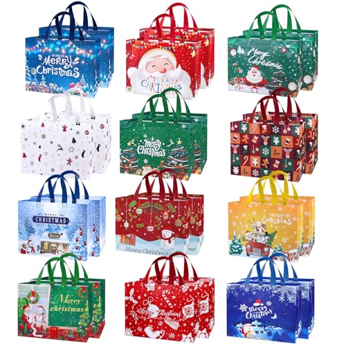 Bszatan Christmas Gift Bags with Handles,24 Pack Large Reusable Tote Bags,Non-Woven Christmas Bags for Wrapping Xmas New Year Party Favors, 12.8"x9.8"x6.7" - color: Christmas Bag 24 PCS