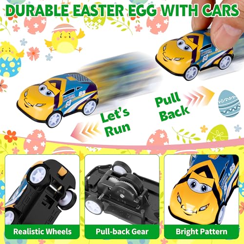 Seifar 48 Pack Prefilled Easter Eggs Filled with Pull Back Cars, Eggs with Racing Vehicle Inside, Easter Hunt Basket Stuffers Party Favors Classroom Prizes Gift for Kids Girls Boys - style: cartoon