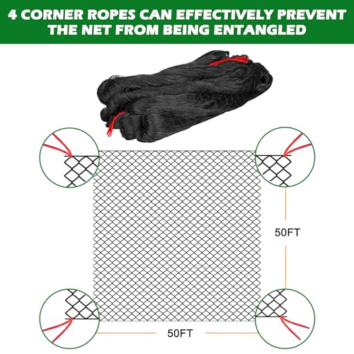 BSTPCOO 50'x50' with 2" Mesh Netting for Chicken Coop with Bird Scare Tape | Heavy Duty Nylon Bird Netting, Hawk Nettings for Chicken Run, Poultry Nettings, Chicken Netting Roof Deer Net with Cable Ties - size: 50'×50'-2''