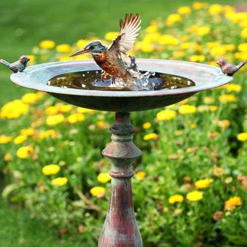 Newtay 27.25 Ornate Metal Pedestal Style Birdbath with Cast Iron Vintage Birds Baths for Outdoors on Rim Full Base Standing Bird Bath Tray for Garden Yard Decoration, Green, Not Easy to Rust - color: Green