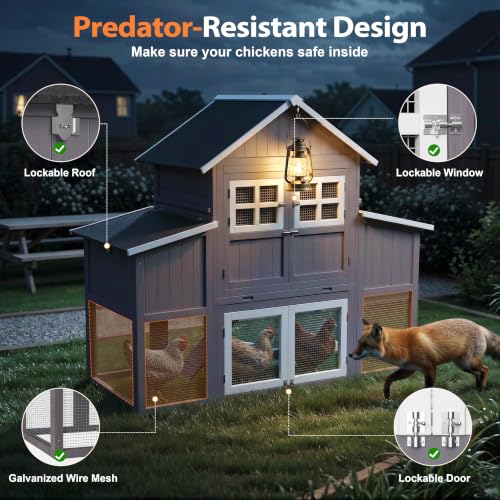 Large Chicken Coop for 6-10 Chickens, Outdoor Predator Proof Wooden Hen House Design with 2 Nesting Boxes and Weatherproof Roof, Easy to Clean Poultry Cage for Outsides - color: Grey(69.5"L x 31.5"W x 59.1"H)
