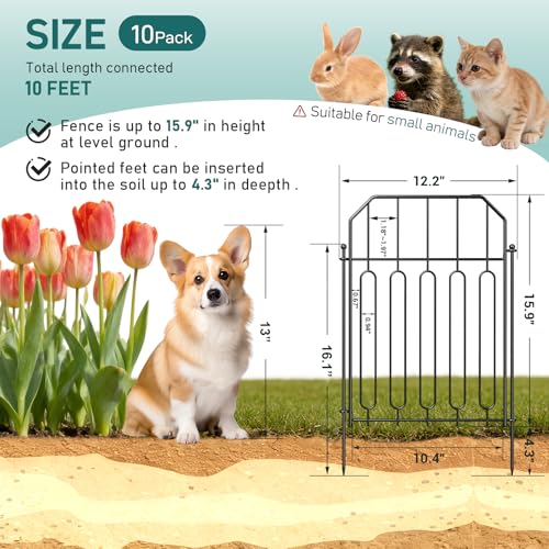 Goovilla Garden Fence, Total 10ft(L) x 21in(H), 10 Pcs, Rustproof Metal | Garden Fencing Animal Barrier, Wire No Dig Fence Panels, Black Decorative Garden Fences and Borders for Dogs,Flower Bed,Patio - size: Square arch with Curved
