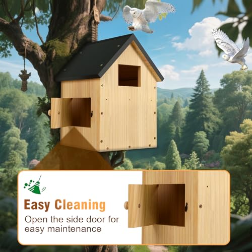 Owl House, Screech Wooden Owl Nesting Box, Weatherproof Design with Bird Stand, Large Opening, Mounted Birdhouse for Garden & Outdoor