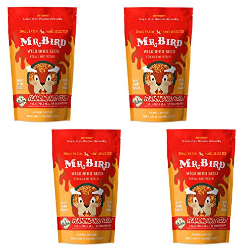 Mr. Bird Flaming Hot Feast Spicy Wild Bird Seed, 4-Pack, 4lb Resealable Bag | Spicy Bird Seed for Outside Feeders | Premium Blend of Mealworms, Peanuts, Hot Pepper | Keeps Squirrels Away | Loose Seed Bag - size: 4 Pound (Pack of 4)
