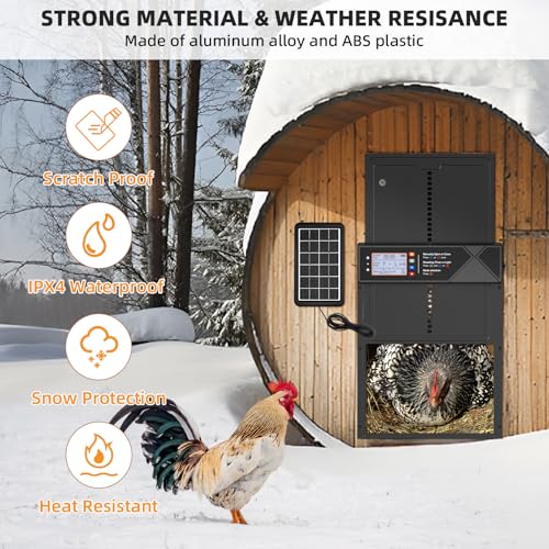 Automatic Chicken Coop Door Solar Powered with 4 Modes and Anti-Pinch | LCD screen electric chicken coop door with Timer & Light Sensor, Aluminum Alloy Chicken Door with Anti-Pinch, Remote Control