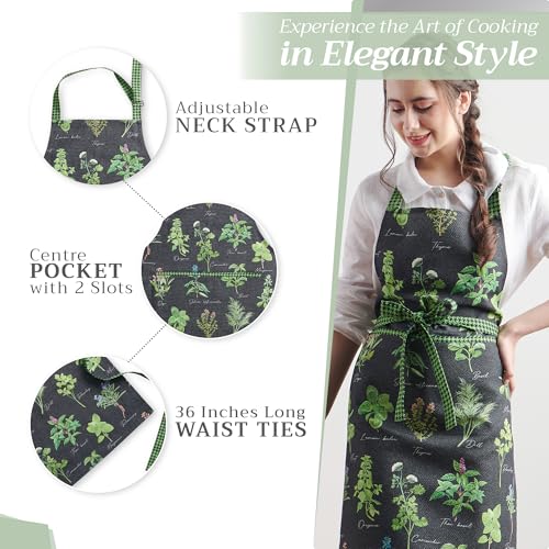 Maison d' Hermine Aprons for women with Pocket 100% Cotton (27.50"x31.50") | Adjustable Neck Strap & long ties Apron Men Chef Wedding Cooking Gardening Server Maid - color: 008 - Fresh Herbs