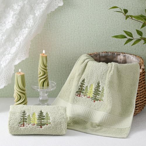 SmoothNovelty 2 Pcs Forest Hand Towels Gray Green Bathroom Decor 14x29 Inch | Embroidered Bathroom Hand Towels, 100% Cotton, Soft Absorbent, Green Tree Bathroom Kitchen Decor - style: Forest