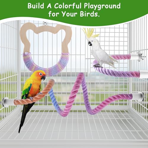 3 Pcs Gradient Bird Perching Rope Set, Bendable Bird Perching Rope for Parrot Cage, Gradient Wooden Birds Swing, Standing Climbing Toys for Parrots, Lovebirds, Budgies and Larks - size: 1 Short + 1 Long + Swing