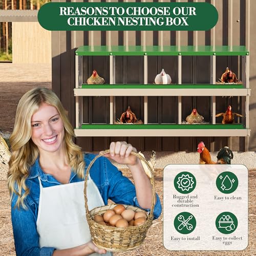 Galvanized Steel Chicken Nesting Box 10 Grids, Metal Egg Laying Boxes for Hens with Hinged Lid and Ventilated Design, Easy Clean Poultry Nest Box for Chicken Coop Accessories, Green, No Legs - color: Green, size: 10 Holes no Legs