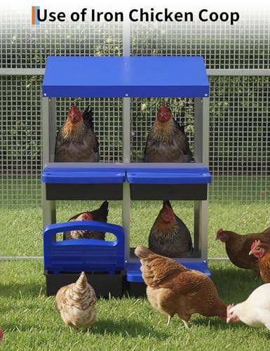 GarveeLife Chicken Nesting Box 4 Hole, Galvanized Steel Nest with Roll Away Egg Collection & Swing Perch, Easy-Clean Laying Box for Hens, Heavy Duty Design for Chicken Coop - color: Blue, size: 4 holes 2 layers