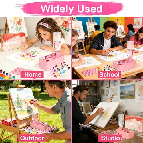 Paint Brush Cleaner Tool,Painting Running Water Circulation Art Supplies,with Brushes,Colors Paint,Watercolor Paper,Paint Station Creative Gift for Kids Girls Adult Artist Beginners - color: Pink