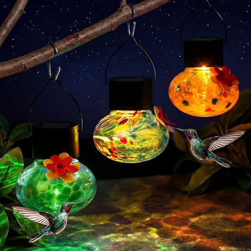 Nuogo 3 Pcs 3.54 Inch Blown Glass Hummingbird Feeders Solar Powered Hummingbird Feeder with LED Light for Garden Outdoors Window Decor Valentine Hanging Gifts Ant and Bee Resistant(Classic Colors) - color: Color A, style: Classic