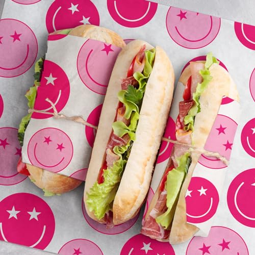 JarThenaAMCS 150 Pcs Preppy Wax Paper Pink Smile Face Deli Paper Tissue Sandwich Wrap Waterproof Oil-Proof Picnic Liners for Party Kitchen Supplies, 9.8 x 8.3 Inch - color: Preppy Smile Face