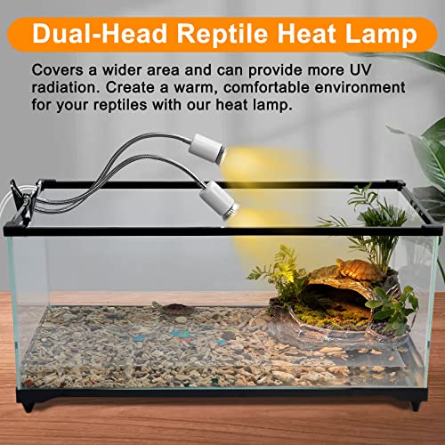 Reptile Heat Lamp, Dual Head Reptile Light with Cycle Timer, Dimmable UVA/UVB Basking Light for Turtle Tortoise Lizard Snake Bearded Dragon and More, 4 Bulbs (2PCS 25W + 2PCS 50W) Included