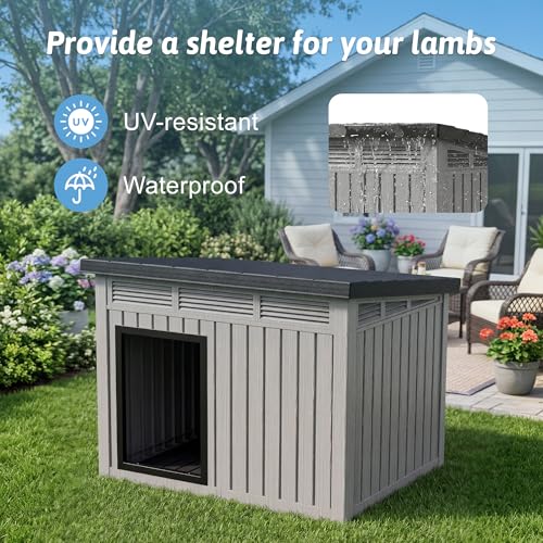 DRATO Goat House, Weather Resistant Resin Dog Houses with Sloped Roof & Louvered Ventilation, Outdoor Small Animal Shelter for Goats and Pets, Easy Assemble, Grey - color: Grey, size: 32.2*25.12*24.13