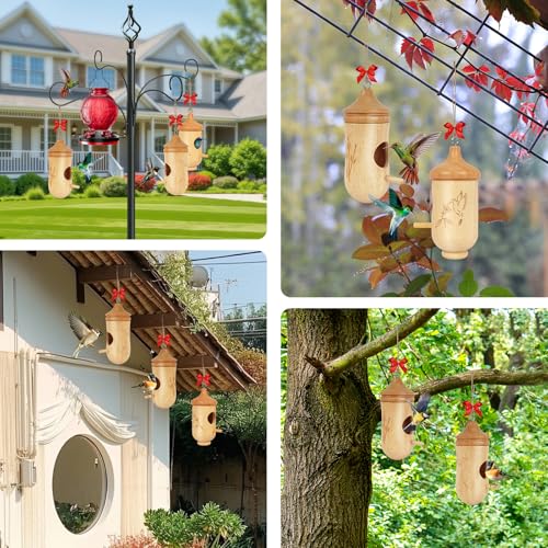 Hummingbird House, Small Hummingbird Houses for Outside | Wooden Bird House with Bow, String, Cute Gardening Gifts Home Decoration - color: Style-1, size: 3 Pack