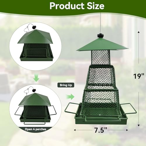 Metal Hanging Bird Feeder with 360° Mesh and 4 Perches | 4lb Seed Capacity, Easy Refill Roof, Weather Resistant, Small Bird Friendly, Ventilated Design, Durable Metal Build - color: Green