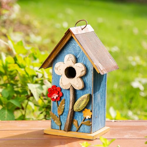 Glitzhome Hanging Bird House for Outdoor, 10.2" H Decorative Birdhouse Pet Cottage Distressed Wooden Bluebird House with 3D Flowers for Outdoor Patio Garden, Washed Blue - color: 10.2"H Flower Washed Blue