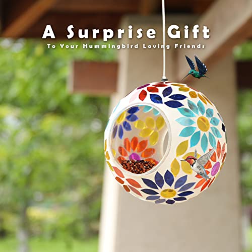 VCUTEKA Bird Feeders Fly Through Mosaic Hanging Birdfeeder for Garden Decor | 7 inch Mosaic Glass Bird Feeeder for Outdoors, Round Shape Glass Container to Attract Wild Birds for Backyard Porch Decor - color: Yellow