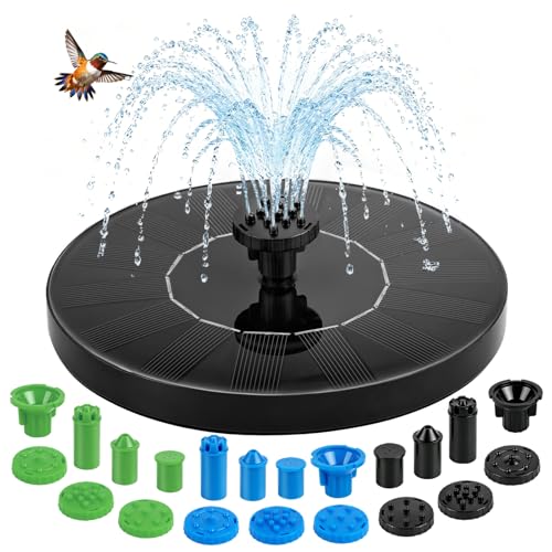 Yeomi 1.5W Solar Fountain, Solar Water Pump with 18 Nozzles in 3 Colors | Solar Bird Bath Fountain for Small Pond Patio Outdoor Landscape Decoration - Black + Blue + Green Nozzles - color: 1.5w Solar Fountain + Black&&blue&green Nozzles