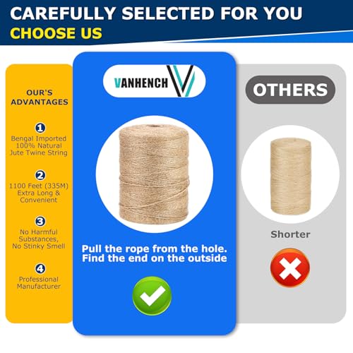Vanhench Natural Jute Twine Rope 1/13" (2mm) x 1100FT | Jute String Cord for Crafts Gardening Garden Plant Gift Wrapping Arts & Crafts Packing Material Christmas Bulk Decorations - color: Brown, size: 2mm (1/12 In)×1100ft (335m)
