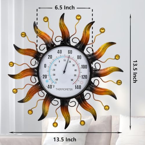 VEWOGARDEN 13.5 Inch Metal Sun Outdoor Thermometer Waterproof Decorative Wall Indoor Outdoor Thermometer for Patio, Garden & Home Decor - style: Sun(yellow)