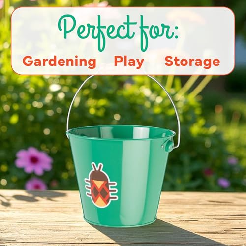 Toysmith Kids Gardening & Beach Bucket – 5″ Metal Pail with Grippable Handle | Assorted Bee & Beetle Colors | Durable Steel for Outdoor Play - 1 Count - style: Kids Bucket