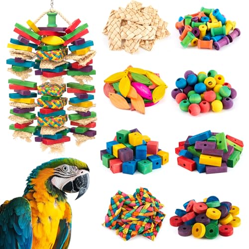 Shappy Large Bird Toy Making Kit, 228 Pcs DIY Parrot Toys Supplies, Natural Wood Chewing Blocks Beads Rope Bell Set for Macaw, Cockatiel, African Grey, Parakeet Cage Enrichment
