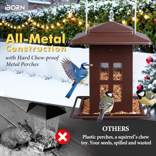 iBorn Bird Feeder for Outdoor Hanging,Metal Bird Feeder Hanging Outside for Cardinal, Double-Sided Hanger Wild Birdfeeder All Metal Constructions, Holds 2.3LB Seed, Bronze,8 Ports - color: Bronze