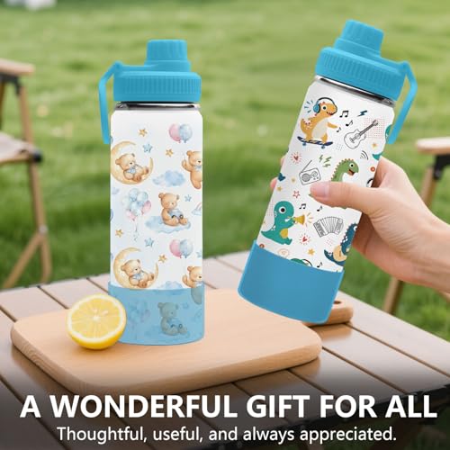 Dinosaur 18oz Water Bottle, with 2 Lids Handle, Insulated Sport Cup | 18oz Stainless Steel Travel Tumbler,Reusable Leak proof Anti Slip Boot Mug, Christmas Birthday Dinosaur Gift for Son - color: Dinosaur