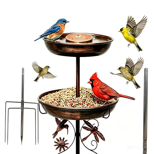 2-in-1 Bird Bath Feeder Set Antique Bronze with Copper Disk | Dual trays, heavy-duty metal, rustproof, hummingbird decor, ground stake, tool-free, vintage style
