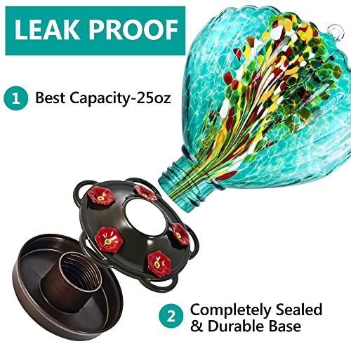 LUJII Seashell Shaped Hand Blown Glass Hummingbird Feeder for Outdoors Hanging, Rust Proof & Leak Proof, 25 fl.oz, Unique Gardening Gift for Women, Garden & Backyard Decor, Teal - color: Teal