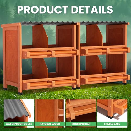 8-Compartment Chicken Nesting Boxes, Spacious for Large Breeds, Premium Pine Wood & Weather-Resistant PVC Sloped Roof, Safe No Sharp Edges for Laying Hens - size: 52.8"L x 12.2"W x 29.8"H