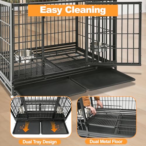 Homey Pet Large Dog Crates for Large Dogs, 47 Inch Heavy Duty Stackable Dog Cage with 2 Bowls, 4 Wheels, Double Removable Trays and Grids, Escape Proof Metal Wire Dogs Kennel Indoor - size: 47.0"L x 28.5"W x 35.0"H