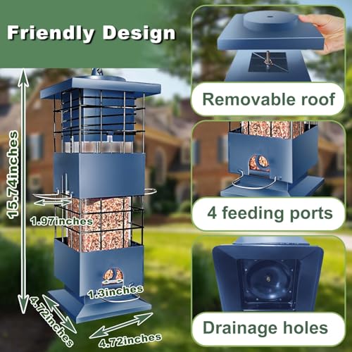 Squirrel Proof Bird Feeder,3.5Lbs Metal,4 Hanging Ports for Cardinal Finch | Weight-Activated Shutoff Blocks Squirrels & Pigeons.Chew-Proof Build For All Weather.Large Capacity,Fast Refilling & Cleaning - color: Blue