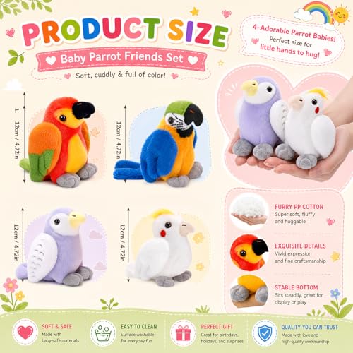 Soulchen 4 Pcs Parrot Birds Stuffed Animals Toy Gift Set 4.7 Inch | Macaw, Budgie, Cockatiel, Sun Conure Small Plush Parrot Stuffed Animal Doll Toys for Kids Boy Girl Birthday Party Bird Lovers