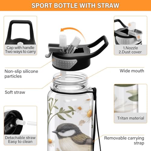 Chickadee Birds 32 oz Water Bottle - Clear Tritan, BPA-Free, LeakProof with Carry Strap for Sports, Gym & Outdoor Activities - color: C711