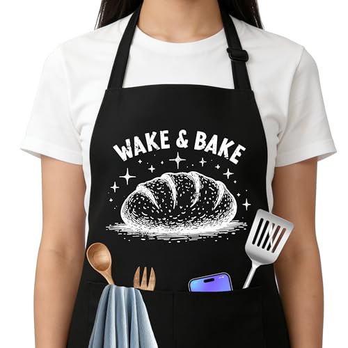 Wake & Bake Sourdough Apron for Women with Large Pockets - Funny Baking Aprons, Adjustable Professional Kitchen Apron for Bread Making, Grilling - Unique Sourdough Gifts for Bakers & Moms - C19 - color: Wake & Bake