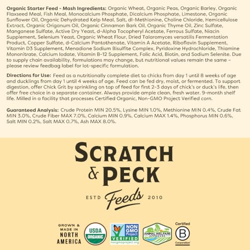 Scratch and Peck Feeds | Starter Mash for Chickens & Ducks | 10 lb Pouch | 20.5% Protein, Corn & Soy Free, Fermentable Grains, Certified Organic & Non-GMO Project Verified, Complete Nutrition - size: 10 Pound (Pack of 1), style: Starter Feed