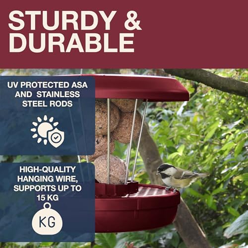SWISSINNO Bird Feeders - No Mess Fat Ball/Suet Feeder for Outdoors Hanging - Smart Birds Lucerne Spill Proof Wild Cardinal Bird Feeder with Integrated Seed Catcher Tray - Burgundy - color: Burgundy, style: Lucerne