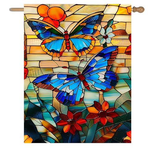 Stained Glass Butterfly Garden Flag Spring Summer House Flag Fall Floral Decorative Yard Flags for Outside 28x40 Double Sided Large Seasonal Lawn Flags Rustic Outdoor Decor - color: glassbutterfly