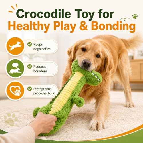 Squeaky Dog Plush Chew Toy, Interactive Tug Squeaky Toy for Chewers, Medium & Large Dogs & Fetch Play, 18.5 In Stuffed Long-Neck Crocodile Toy with Soft Plush Body for Gentle Gum Care & Boredom Relief - color: Green (Long‑Neck Crocodile)