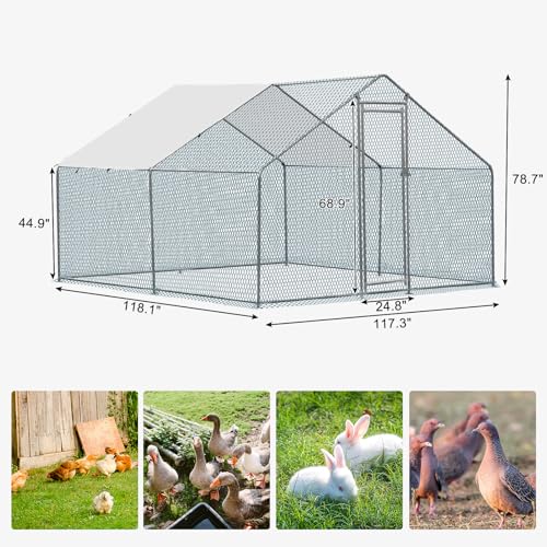 Large Metal Chicken Coop with Run, Walkin Chicken Coop for Yard with Waterproof Cover, Spire Roof Large Poultry Cage for Hen House, Duck Coop and Rabbit Run (10 x 10 x 6.6 ft) - size: 10 x 10 x 6.6 ft