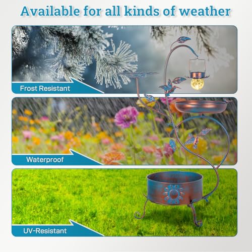 dreamysoul Metal Bird Bath for Outside, Birdbaths Outdoors with Planter and Feeder, Garden Blue Bird Baths with Solar Lights