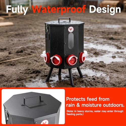 Automatic Chicken Feeder 8 Feeding Ports, 50lbs No-Waste Gravity Poultry Feeder 8 Feeding Ports with Rainproof Lid, Rodent-Proof Large Capacity Metal Chicken Feeder for Hens, Ducks, Birds