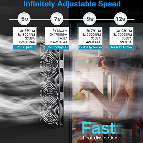 GDSTIME 3 x 120mm Computer Fan with AC Plug Variable Speed 110-120V Powered | 360mm, Adjustable 12V PC Fan with Controller, for RV Fridge, Server Cabinet, Grow Rack, DIY Cooling Ventilation Exhaust - size: 3x 120mm fan